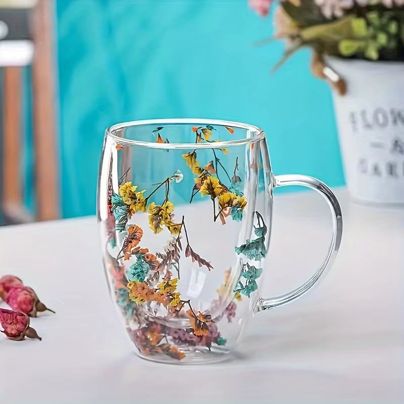 Double Wall Clear Glass Coffee Mugs Creative Clear Glass Cups with Handle Flowers Double Insulated Glass Cup for Hot Cold