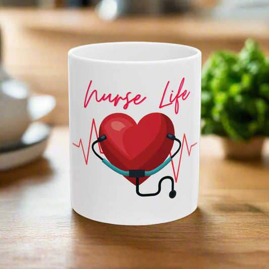 White mug with a red heart and stethoscope design, and 'Nurse Life' text on a white background.