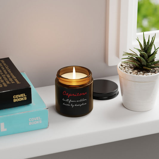 Capricorn Zodiac Candle — featuring a bold quote: Built from ambition, driven by discipline.